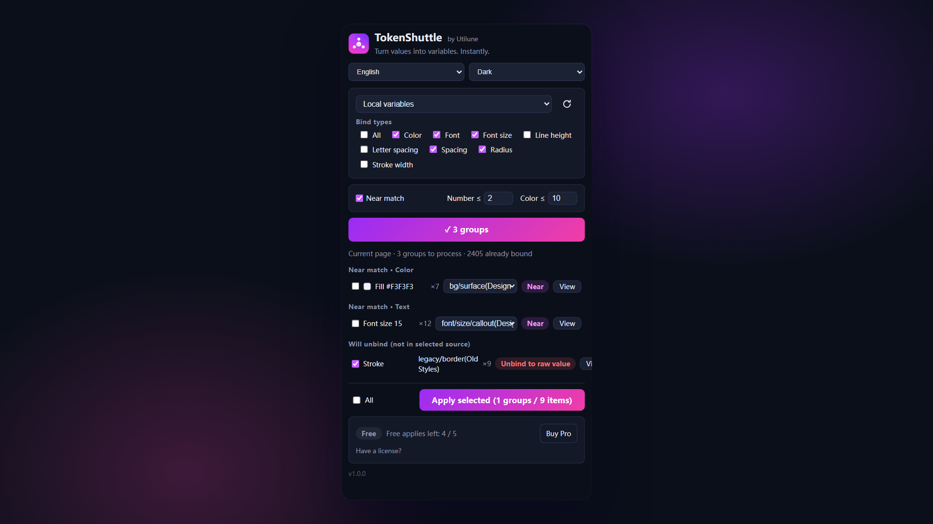 TokenShuttle plugin showing variable source, match results, and Apply button