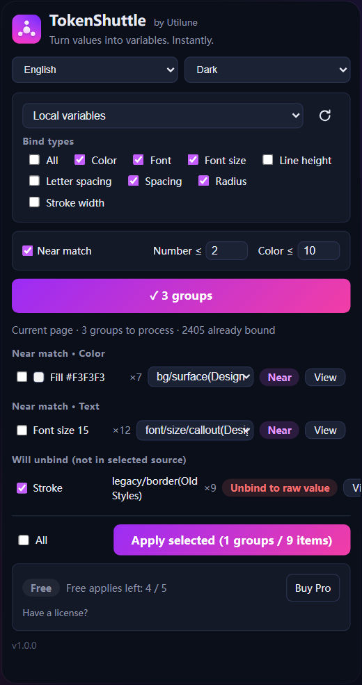 TokenShuttle plugin showing variable source, match results, and Apply button